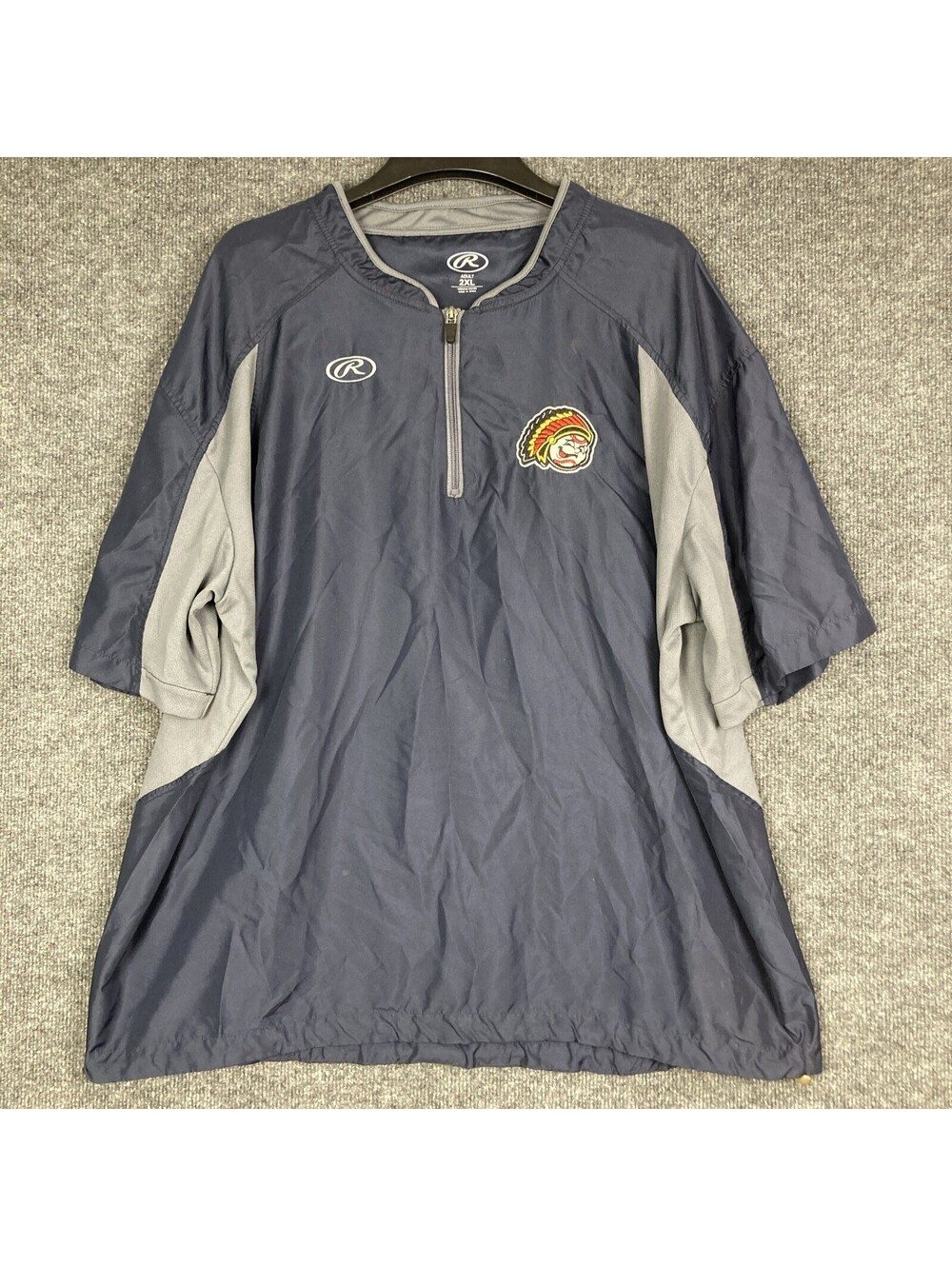 Rawlings Mens 2XL Navy & Gray 1/4 Zip Short Sleeve Indian Logo Pullover EUC